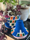 Berber Basket - blue with green, white & yellow blocks